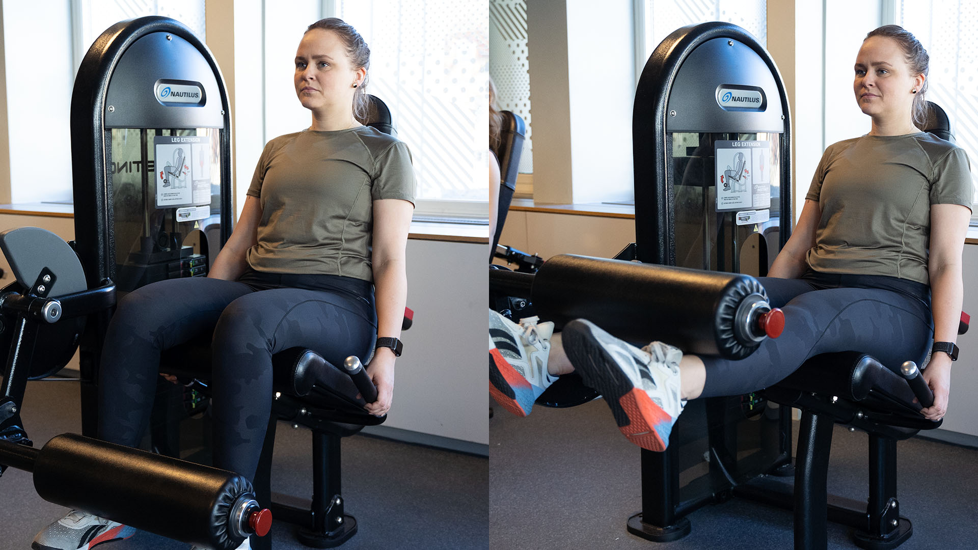 Kvinna gör lår curl i maskin med korrekt teknik